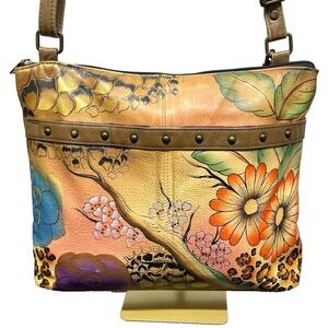 Anuschka Crossbody Bag Women's Purse Hand Painted Leather Tassel Zipper Studded
